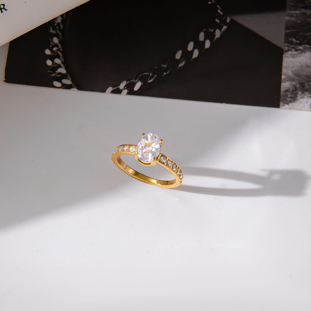 Ring Eternara Pavé Solitär 18K Vergoldet Halb Eternity Wasserfest Edelstahl 316L Oval Weiß