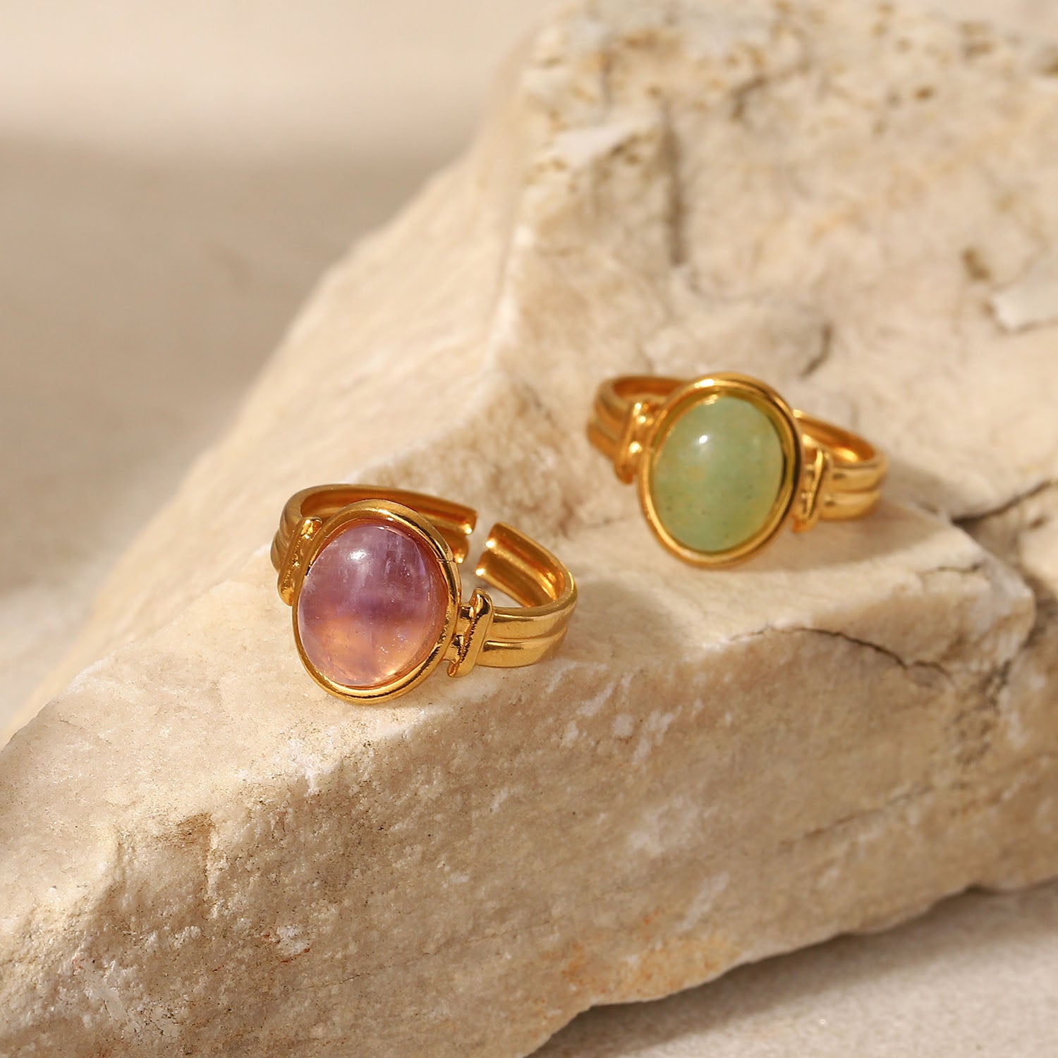 Ring Amethyst Stein 18K Vergoldet Verstellbar Wasserfest Edelstahl 316L Zeitlos