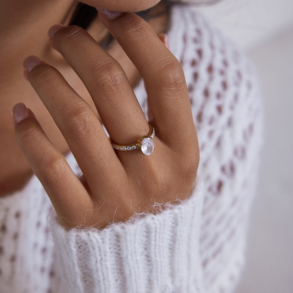 Ring Eternara Pavé Solitär 18K Vergoldet Halb Eternity Wasserfest Edelstahl 316L Oval Weiß
