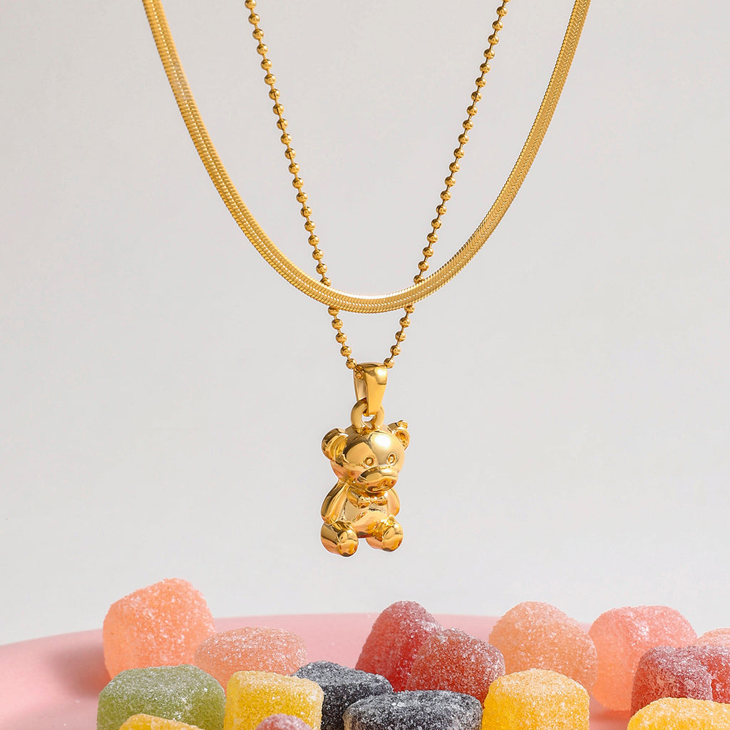 Halskette GoldenTeddy Bär Kette 18K Vergoldet Verstellbar Wasserfest Edelstahl 316L Verspielt