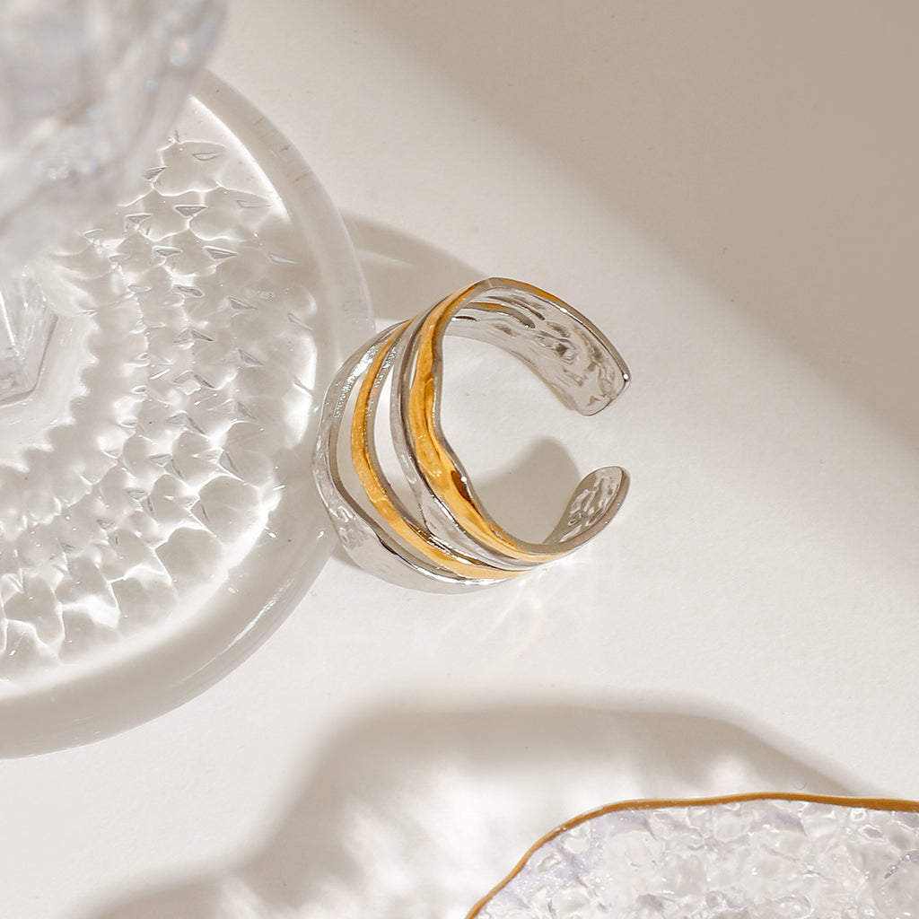 Ring Wellen-Design Bicolor 18K Vergoldet Verstellbar Wasserfest Edelstahl 316L Modern