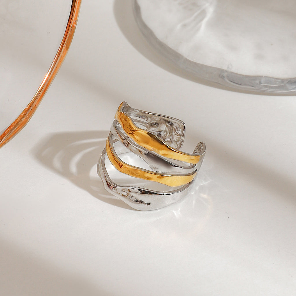 Ring Wellen-Design Bicolor 18K Vergoldet Verstellbar Wasserfest Edelstahl 316L Modern