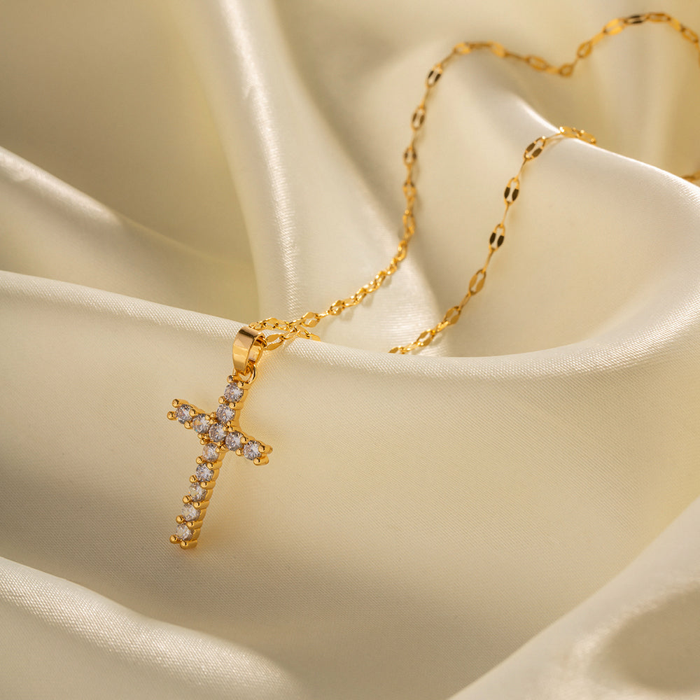 Halskette Kreuz 18K Vergoldet Zirkonia Wasserfest Edelstahl 316L