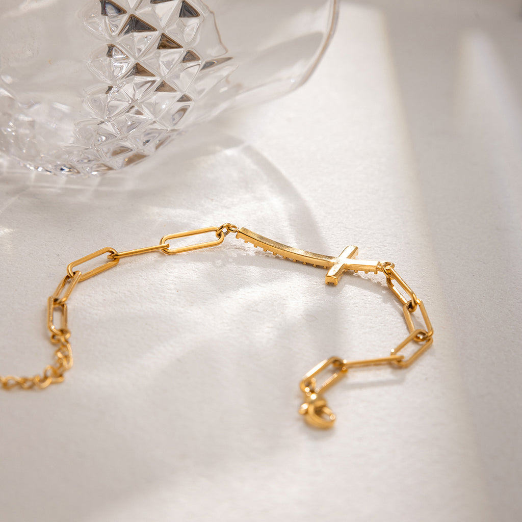 Armband Nicosia Kreuz Zirkonia 18K Vergoldet Gliederkette Wasserfest Edelstahl