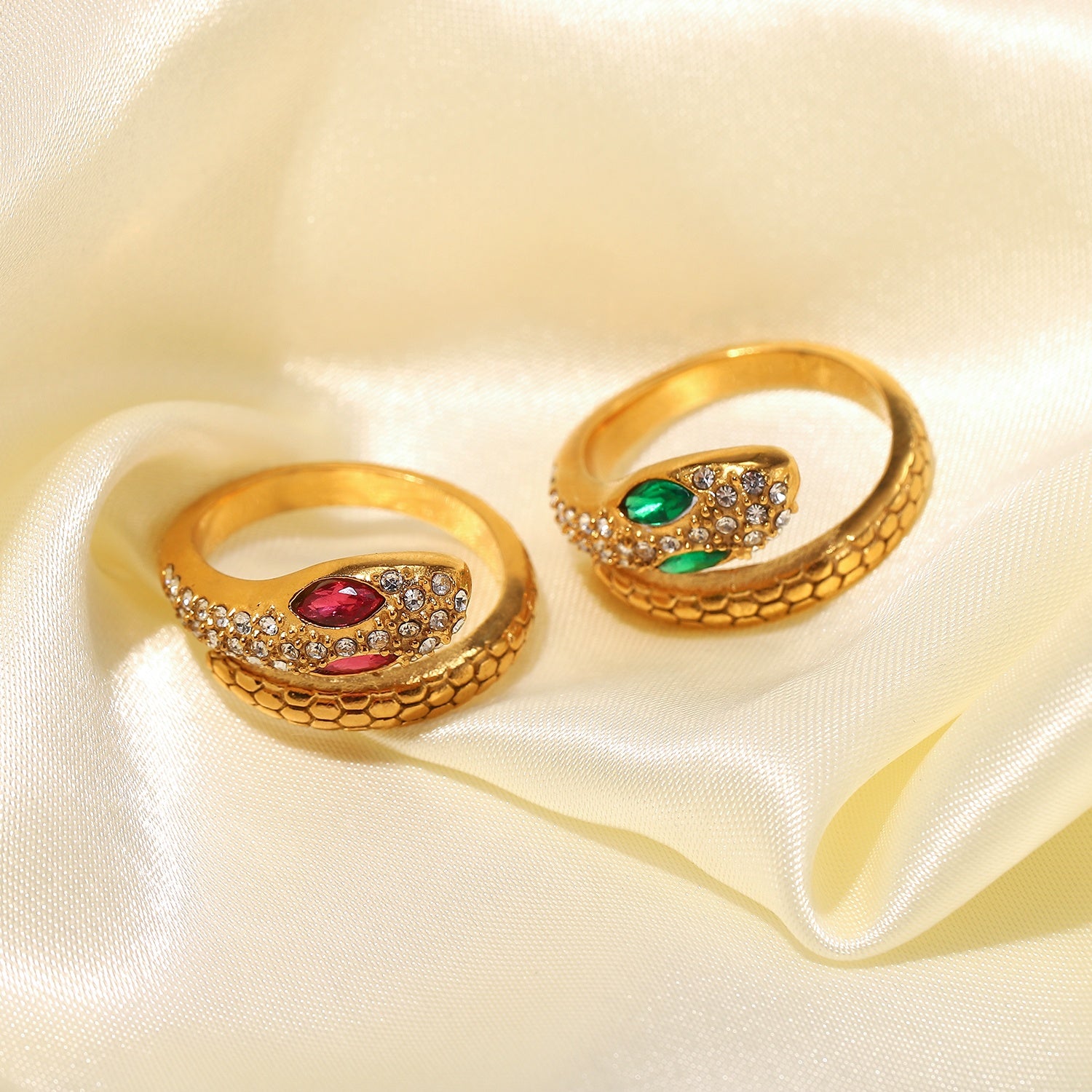 Ring Schlange 18K Vergoldet Grün Zirkonia Verstellbar Wasserfest Edelstahl 316L Luxuriös