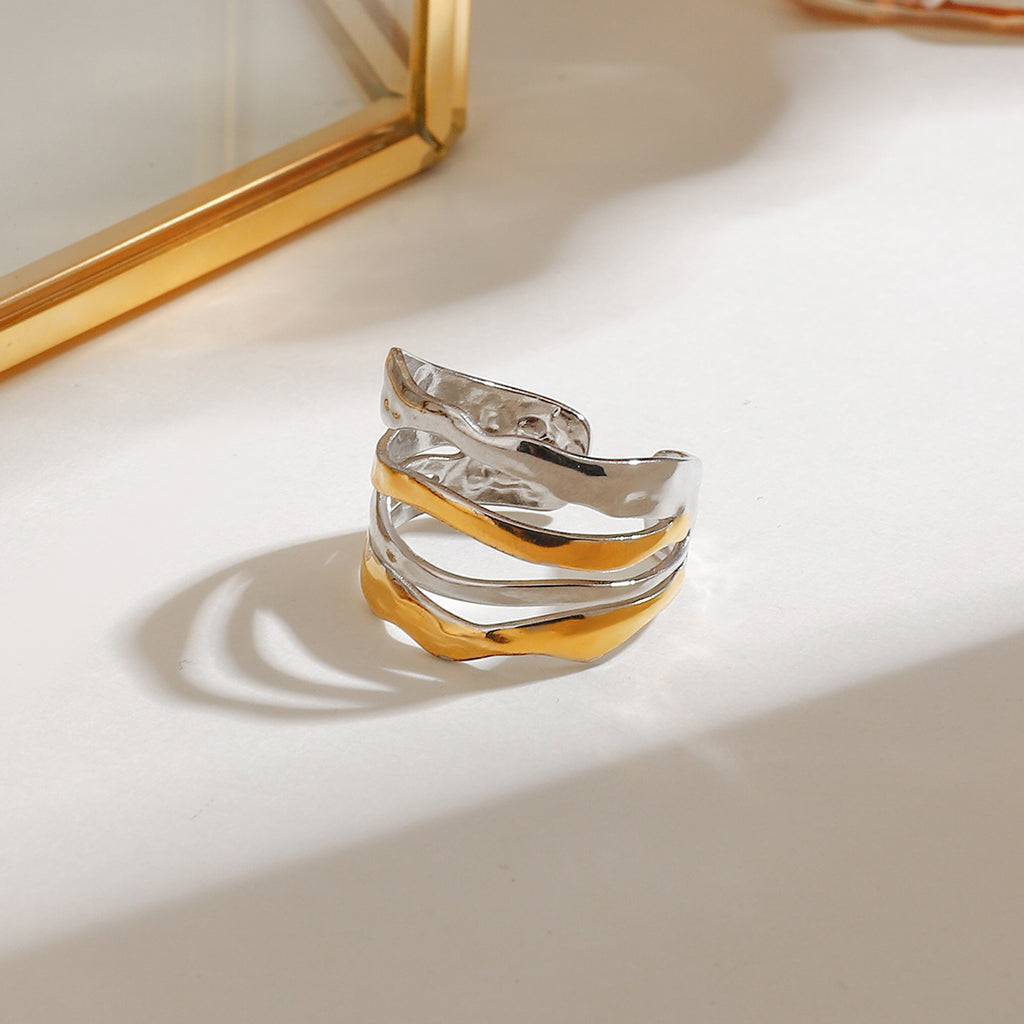 Ring Wellen-Design Bicolor 18K Vergoldet Verstellbar Wasserfest Edelstahl 316L Modern