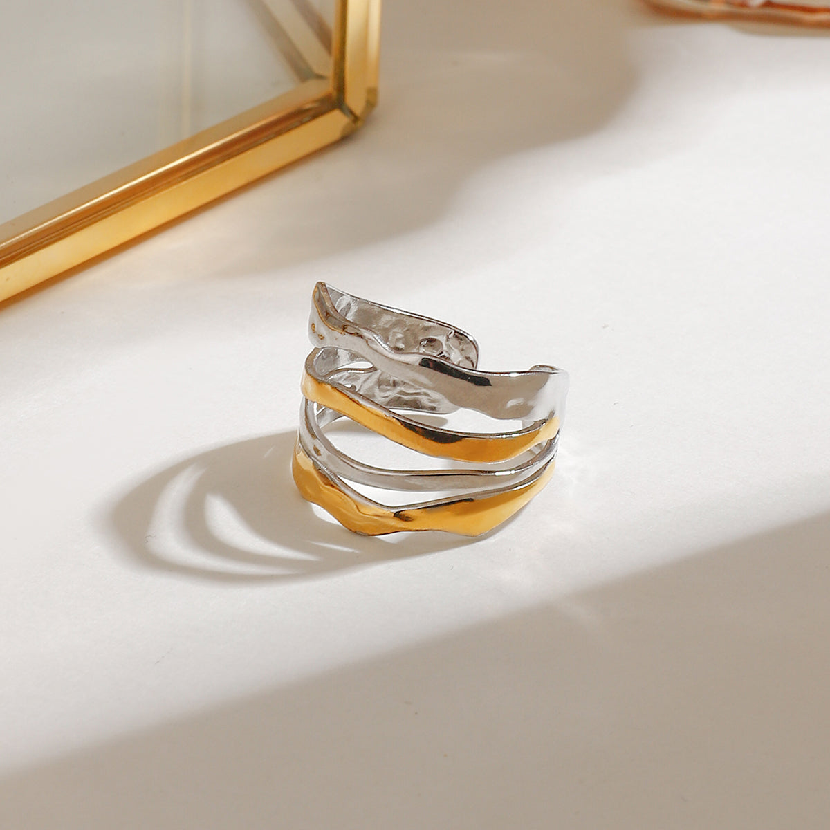 Ring Wellen-Design Bicolor 18K Vergoldet Verstellbar Wasserfest Edelstahl 316L Modern