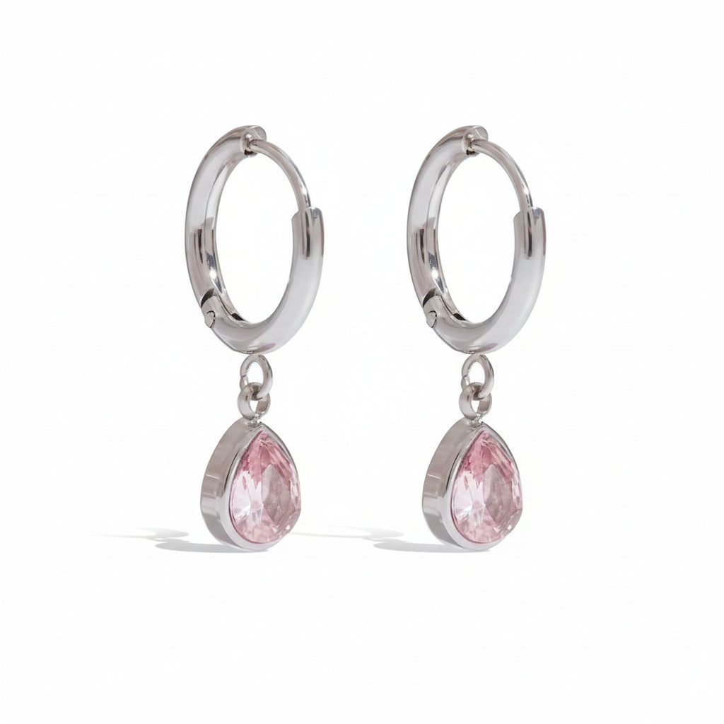 Creolen Velutina Tropfen Zirkonia Silber Finish Wasserfest Edelstahl 316L Anhänger Rosa