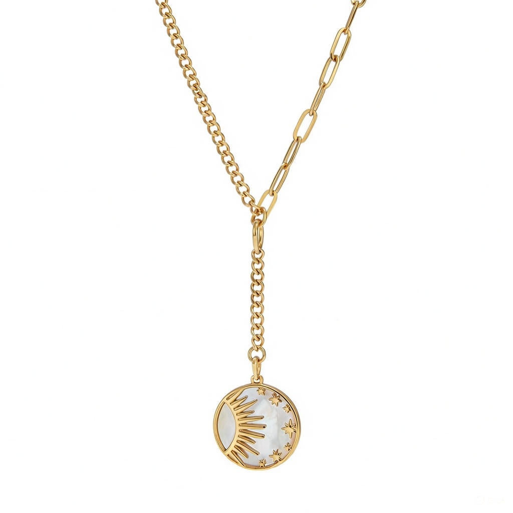 Perlmutt Y-Kette 18K Vergoldet Wasserfest Edelstahl 316L Sonne Mond Sterne