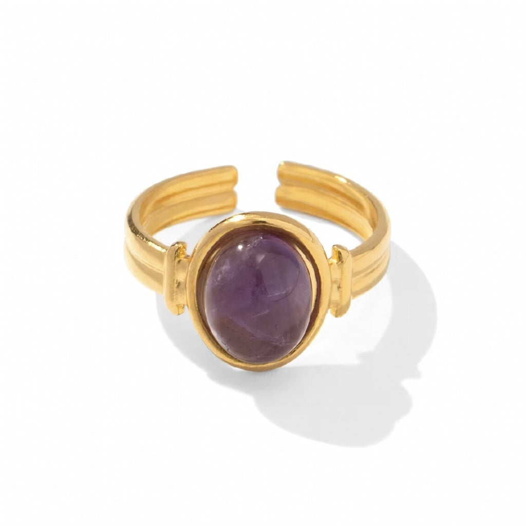 Ring Amethyst Stein 18K Vergoldet Verstellbar Wasserfest Edelstahl 316L Zeitlos