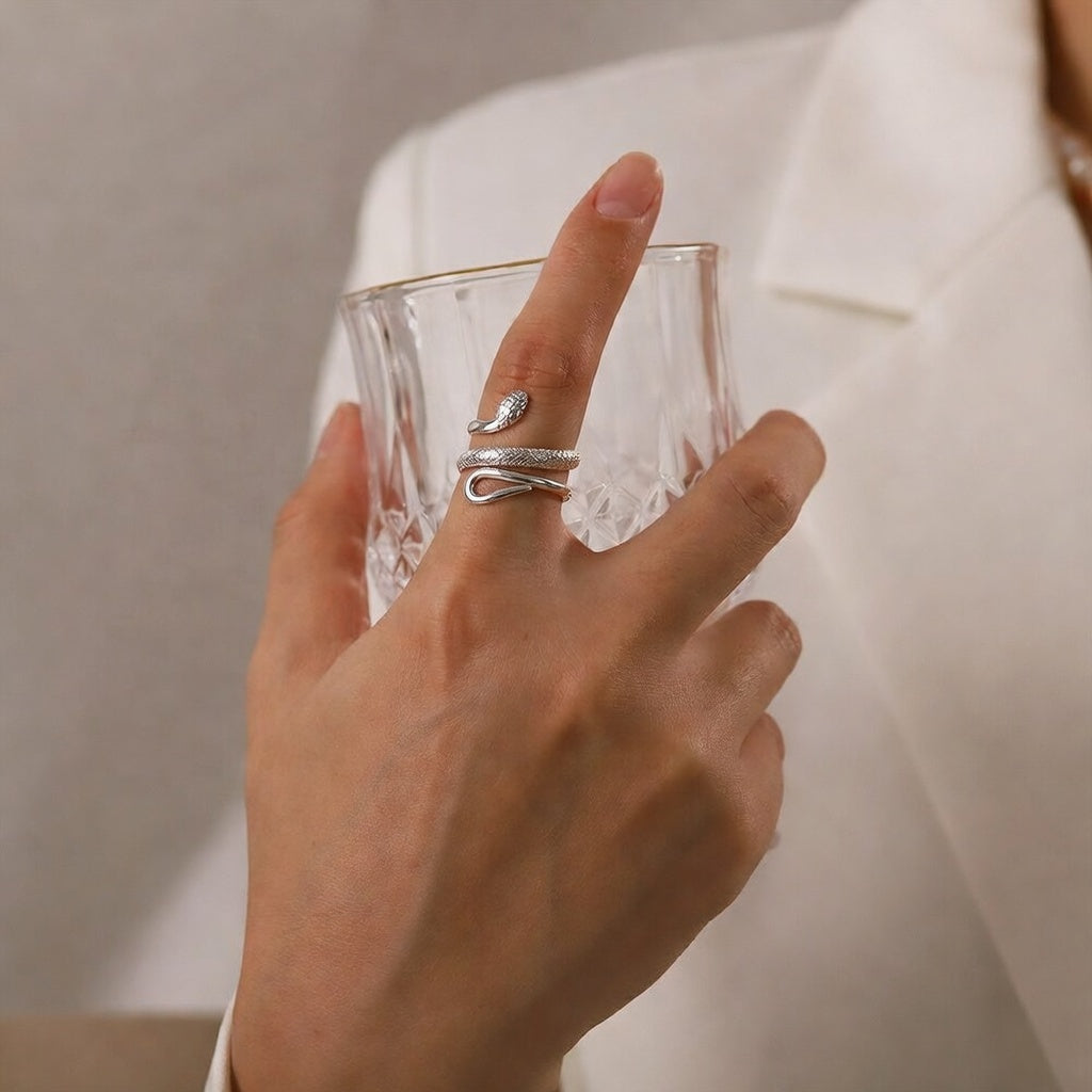 Ring Schlange Silber Verstellbar Wasserfest Edelstahl 316L Extravagant